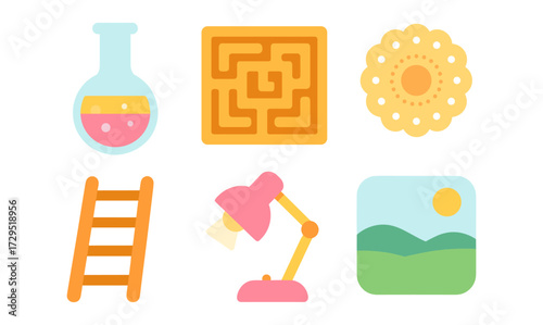 Colorful icon set featuring science flask, maze, cookie, ladder, lamp, and landscape