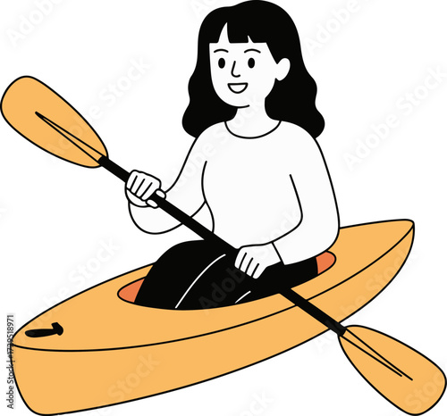 Vector art of a cheerful woman paddles her kayak on a sunny day, enjoying the tranquility of the water and the beauty of nature she is smiling and holding a paddle