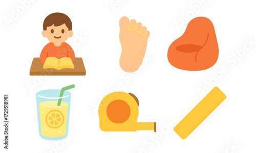 Colorful flat icons: child, foot, bean bag, lemonade, tape measure, ruler