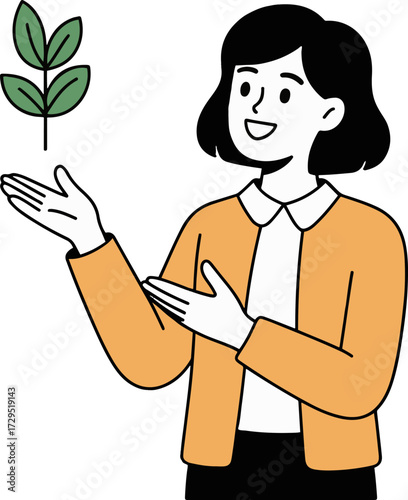 Vector art of a woman presents a small plant, symbolizing growth, sustainability, and environmental awareness she is smiling and holding a plant