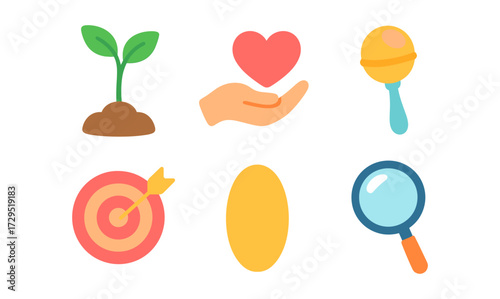 Colorful flat icons set: heart, magnifying glass, seedling, rattle, target, egg