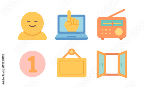 Colorful flat icons set: technology, communication, numbers, and emotions