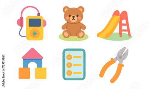 Colorful children's toys and activities in flat style for modern play