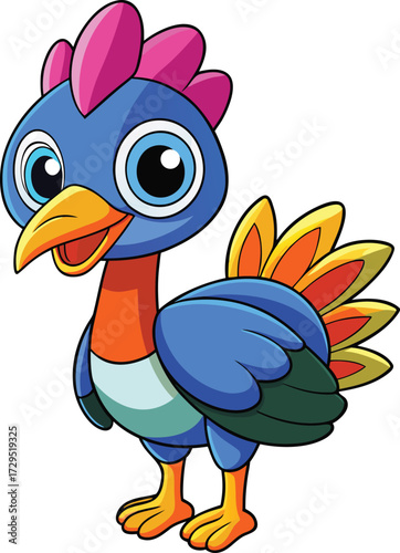 Cute cartoon blue bird with orange and pink feathers
