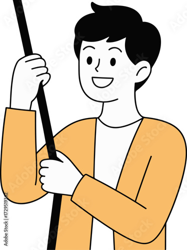 Vector art of a happy man in a yellow cardigan is holding onto a black pole with both hands, smiling cheerfully, the simple line drawing captures a moment of joy and anticipation