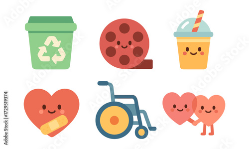 Cute eco heart and wheelchair icons with smiling faces