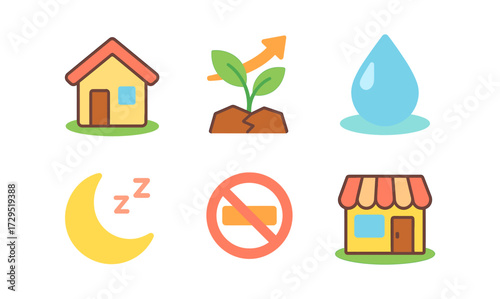 Colorful flat icons: growth, environment, and everyday life symbols