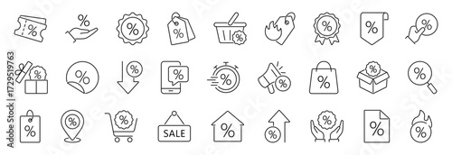 Discount promotion line icon set isolated on transparent background. Price discount tag, sale badge, special offer. Editable stroke. Vector illustration.