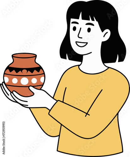 Vector art of a cheerful woman with black hair is carefully holding a traditional clay pot with intricate patterns, showcasing its beauty and craftsmanship