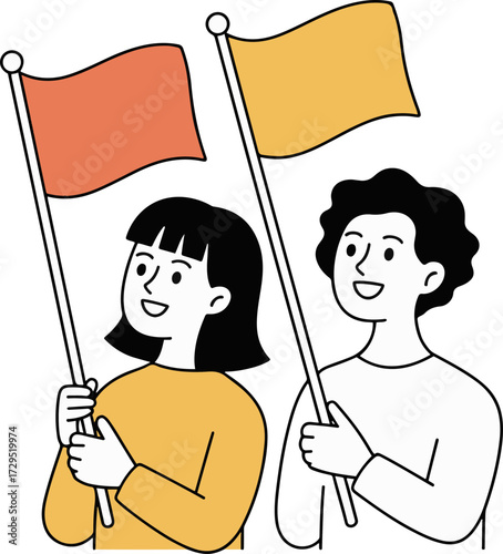 Vector art of two smiling people are joyfully waving colorful flags, representing celebration, unity, and national pride