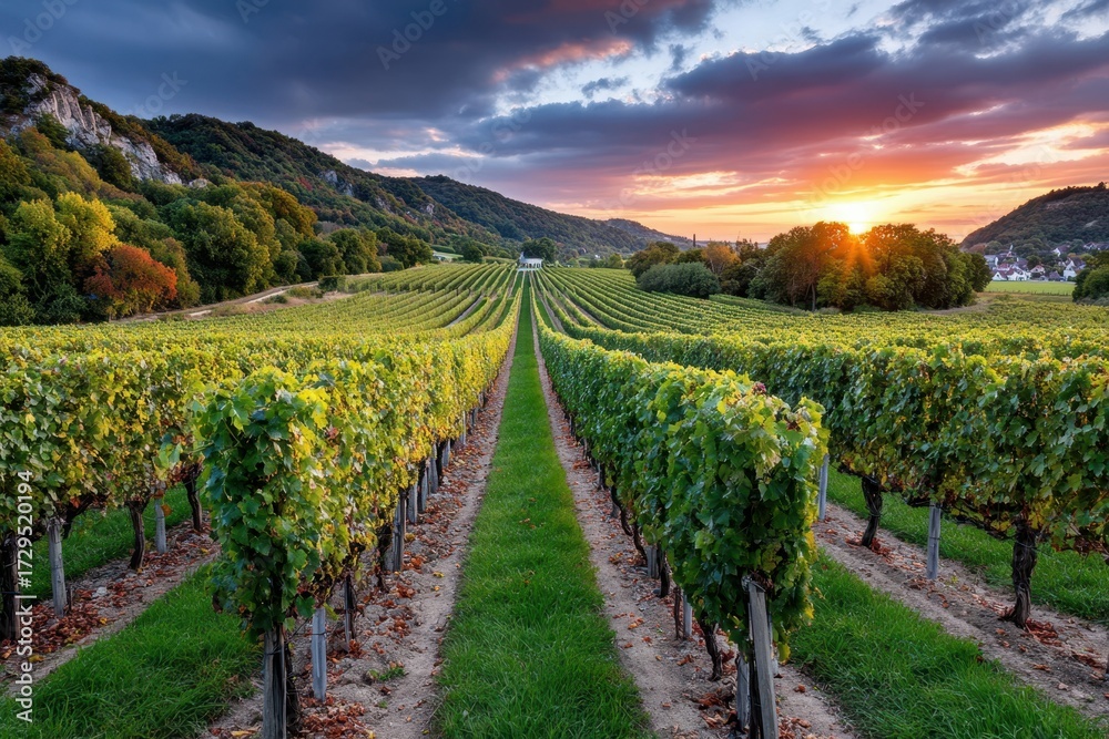 Naklejka premium Vineyard rows at sunset with hills and village