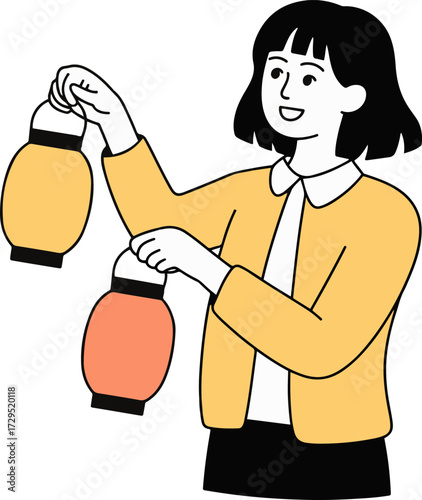 Illustration of a woman holding two lanterns, the woman is wearing a yellow jacket and black skirt she is smiling and looking at the lanterns the lanterns are yellow and orange
