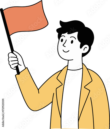 Vector art of a confident young man is waving a flag, this dynamic illustration captures the spirit of leadership, victory, and determination, symbolizing achievement and success in a bold and engagin