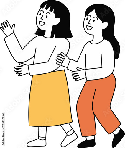 Vector art of two cheerful young women are walking together, they are smiling and appear to be enjoying each others company as they stroll along, creating a warm and friendly atmosphere
