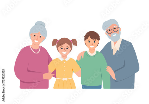 Happy grandparents with grandchildren portrait. International Day of older persons or Grandparent day concept for poster, greeting cards, banner. Vector illustration.