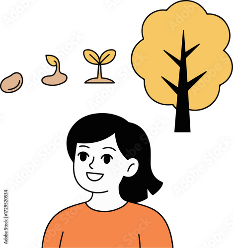 Illustration of a woman presenting the life cycle of a tree, the stages include seed, sprout, sapling, and mature tree, showcasing growth and development in nature