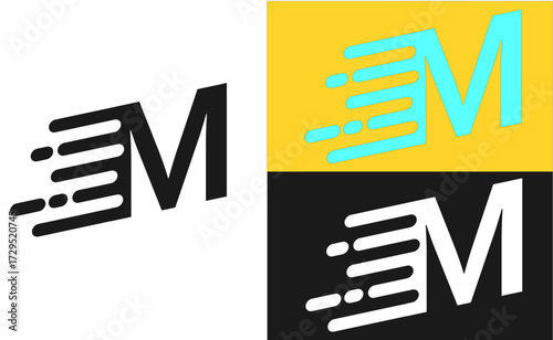 A stylized letter 'M' logo with a motion blur effect, presented in black and white, cyan on yellow, and white on black.