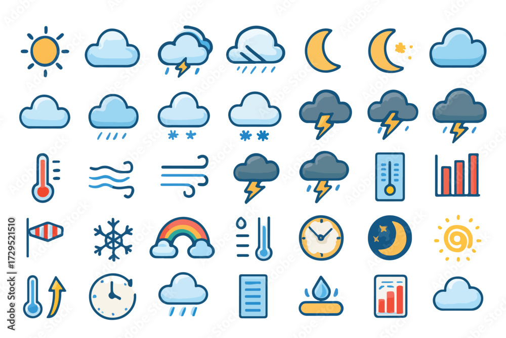 Obraz premium Stylized Weather Icon Set with Forecast Symbols on White Background