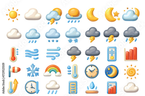 Colorful Weather Icon Set Representing Forecast Elements on White Background