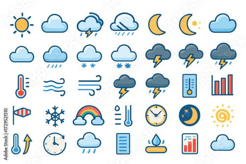Stylized Weather Icon Set with Forecast Symbols on White Background