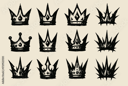 Hand-drawn black brush crown silhouettes with sharp tips jewel details and grunge sketch style