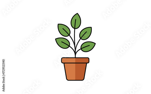 A small green plant with five leaves growing in a brown terracotta pot, depicted in a simple flat design style.