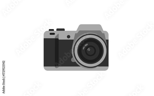 A modern digital camera with a lens, depicted in a flat vector illustration style on a white background.