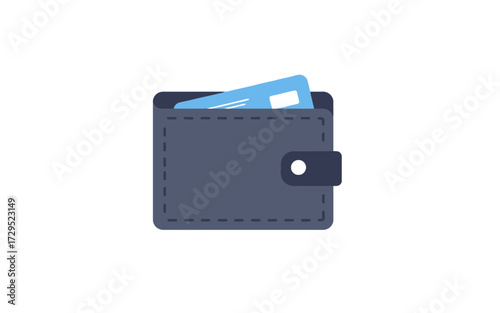 A flat illustration of a dark blue wallet with a credit card inside, simple design.