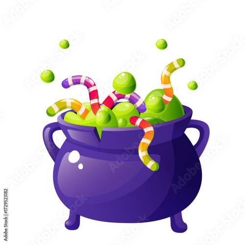 A cauldron with a green potion and colorful worms for Halloween on a white background. Wizard's cauldron, witch's potion.