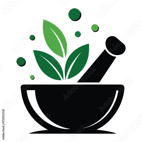 Herbal medicine mortar and pestle with green leaves and bubbles