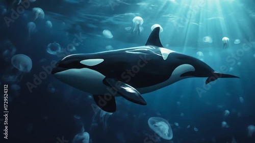 A majestic orca swimming gracefully among translucent jellyfish in a serene underwater scene