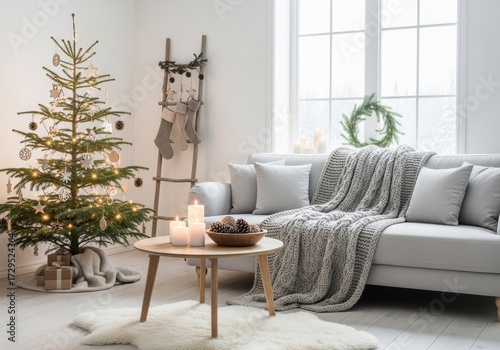 Cozy living room decorated for Christmas with tree, fairy lights, and natural accents. Ideal for holiday decor inspiration, real estate listings, or seasonal advertising.