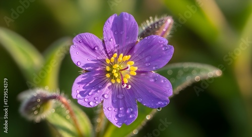 Close up of a beautiful purple flower covered in dew.