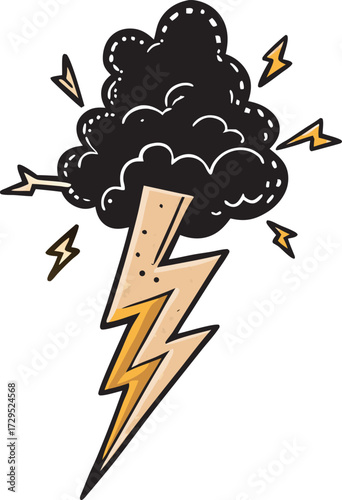 Dramatic black storm cloud unleashing a powerful golden lightning bolt strike