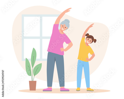 Happy grandmother and granddaughter doing sport exercises. Grandparents and grandchildren family sport activity concept. Senior people healthy lifestyle Vector illustration.