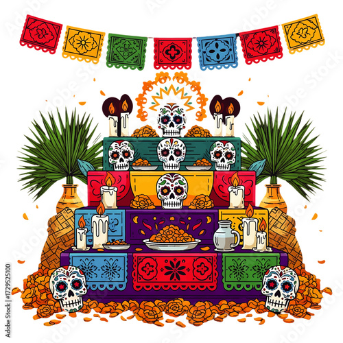Elaborate Day of the Dead altar illustration filled with marigolds and vibrant colors against a white backdrop.