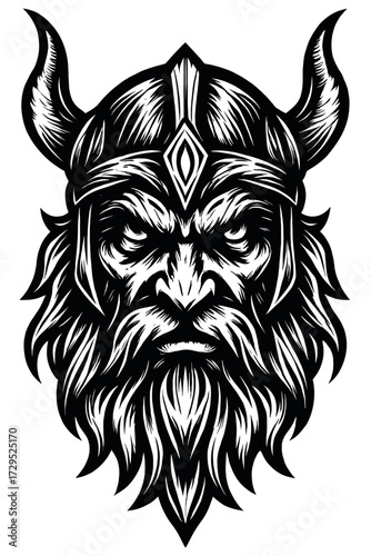 A powerful monochrome illustration of a fierce Viking warrior's head, adorned with a majestic horned helmet and a flowing beard, capturing the raw intensity and strength of Norse mythology in striking
