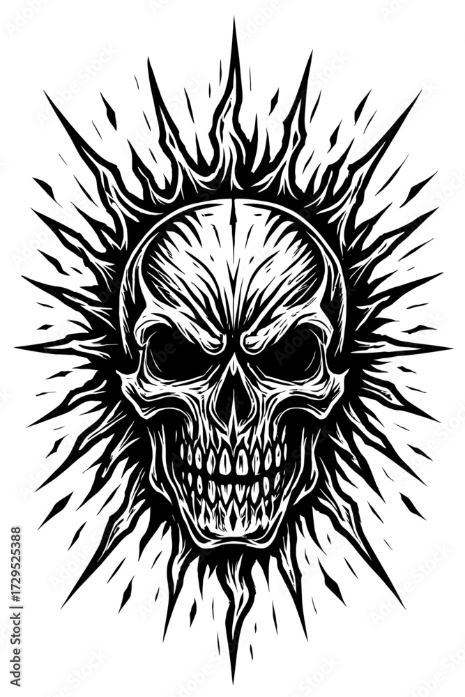 Obraz premium Intense black and white skull illustration with sharp, fiery spikes radiating outwards, perfect for heavy metal album art, tattoo designs, and edgy graphic novel aesthetics. A symbol of power, rebelli