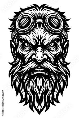 Powerful B&W Woodcut: Fierce Bearded Man with Steampunk Goggles. Intense, angry expression, wild beard, sharp features. Ideal for tattoo designs, apparel, logos, digital art, merchandise. Rugged, defi