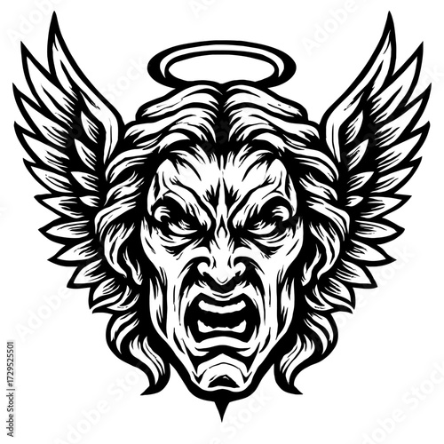 Intensely detailed black and white vector illustration of an enraged winged being with a halo, combining angelic and demonic motifs for a powerful, aggressive, and striking visual design perfect for t