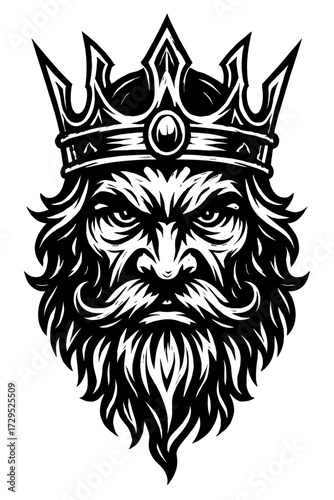Majestic monochrome king head vector illustration, featuring a powerful regal ruler with a formidable beard and an ornate crown, embodying strength, wisdom, and ancient authority, perfect for gaming,