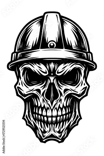 Intensely detailed vector graphic of a menacing skull wearing a classic hard hat, rendered in stark black and white with dramatic shading and sharp outlines. An iconic, grunge-inspired design ideal fo