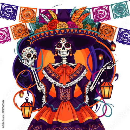 Illustration of La Catrina holding a skull and lantern with cinematic lighting against a white background celebrating Day of the Dead.