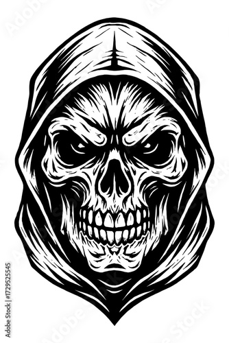 Menacing Black and White Grim Reaper Skull Illustration in Hooded Cloak: A Stark, Gothic Portrayal of Death's Eerie Embrace, Perfect for Horror Art, Halloween Designs, and Macabre Aesthetics, Capturin