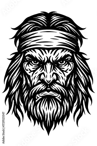 Intense Black and White Woodcut Style Illustration of a Rugged Warrior Head with Headband and Wild Beard - A Fierce, Gritty, and Powerful Graphic Design Artwork Capturing a Rebellious Spirit and Unyie