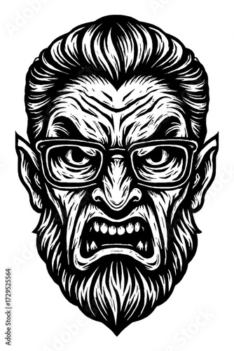 Furious Hairy Monster Head with Eyeglasses: A striking black and white linocut illustration depicting an enraged, bearded beast with bared fangs and pointed ears. This aggressive design merges primal