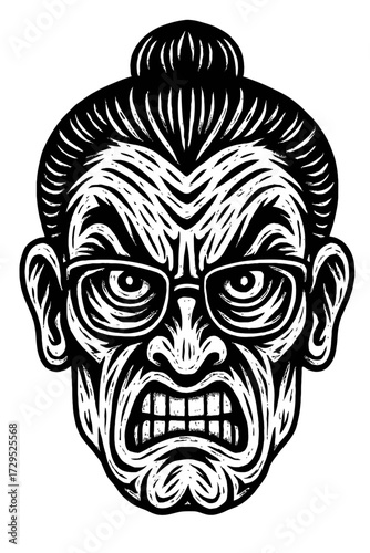 Intense black and white linocut illustration of an enraged person with a furious expression, gritting teeth and wearing glasses, hair in a top knot, capturing raw anger and stress in a bold, graphic a
