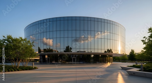 Modern Circular Glass Building at Sunset.