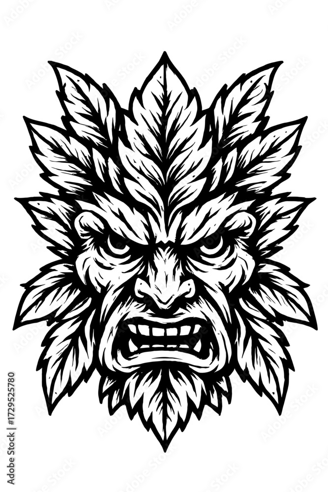 Obraz premium Intricate black and white woodcut-style illustration of an enraged mythical Green Man, a fierce forest spirit with a face formed entirely from intertwining leaves, showcasing raw natural power, primal