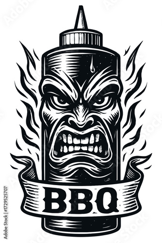 Fierce BBQ Sauce Bottle Emblem: Bold B&W woodcut art of an angry, monstrous face on a squeeze bottle, flanked by flames & a 'BBQ' banner. Graphic evokes extreme heat, fierce flavor, & raw grilling pas